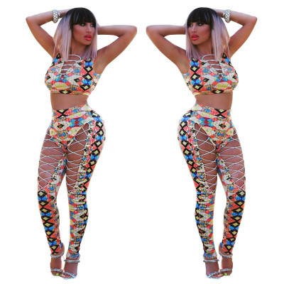 Newest Printing Bandage Outfits Sleeveless Top Skinny Pants ALS038