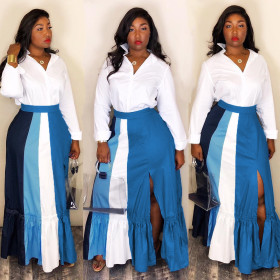 Stylish Color Patchwork Pleated Split Long Skirts WY6482