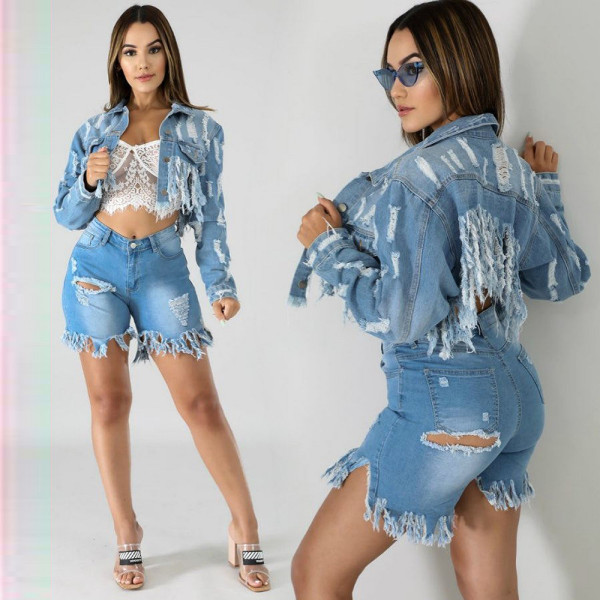Irregular Denim Long Sleeves Ripped Jacket With Tassel SN3674