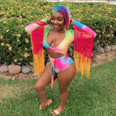 Multicolor Swimsuits Tassel Bandage Crop Top Beach Panties OX8032