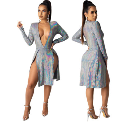 Glitter Bodycon Clubwear Plunging Neck Sexy Split Dress QZ5363