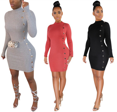 Solid color sexy slim personality single-breasted asymmetrical dress LS6320-2
