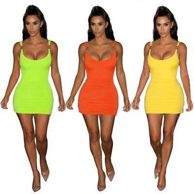 Wholesale Price Metal Buckle Vest Low-Cut Hip Dress X9115
