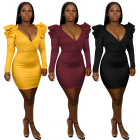 Pu Leather V Collar Bodycon Pure Color Oversize Wrap Dress H1243