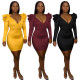 Pu Leather V Collar Bodycon Pure Color Oversize Wrap Dress H1243