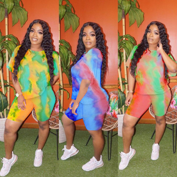 Fashion Coloring Round Neck Short Sleeves And Shorts Large Size Two Pieces Sets LSN758