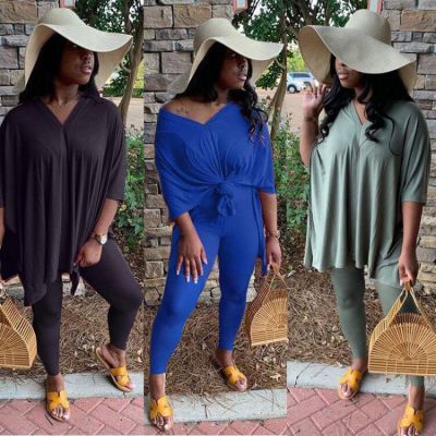 Fashion Solid Color V-Neck Loose Top With Shorts Plus Size Two Piece Set XM1128