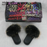 Painted graffiti chain bag with color fox fur grass ladies sandals and slippers bag set JBD004