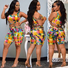 Fashion Coloring Printed Irregular Vest And Shorts Two-Piece Suit ARM8196