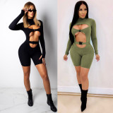 Solid Bodycon Hollow Out Romper Shorts CY1082