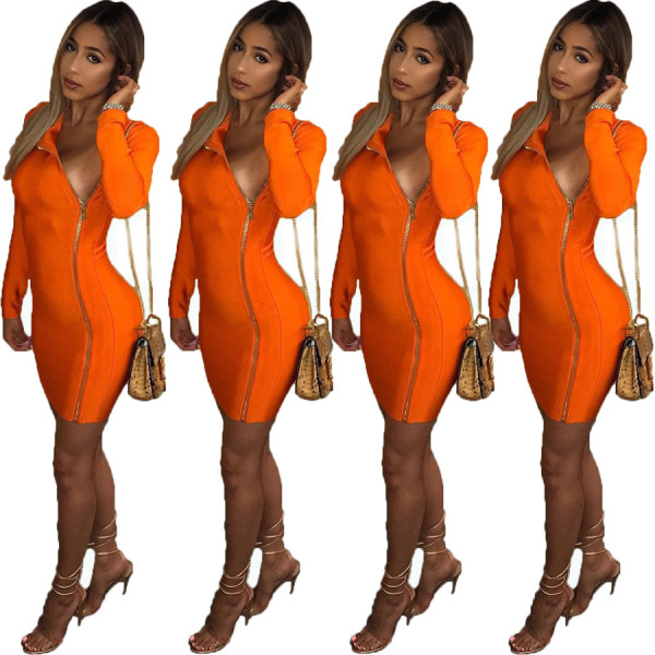 Factory Price Long Sleeves Zip Up Plain Color Bodycon Dress OMY5166