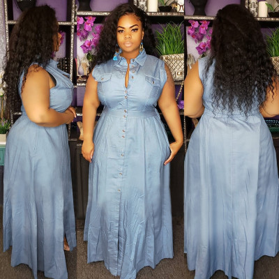 New Design Ladies Button Down Sleeveless Maxi Dress Q5034
