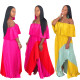 Contrast Color Ruffle Overlay Flat Shoulder Long Pleated Dress D8291