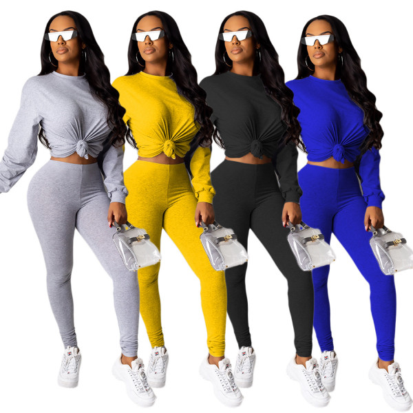 Round Collar T-Shirt Tight Leggings Solid Color Leisurewear AMM8191
