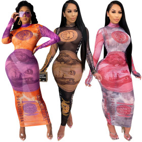 Sexy Mesh Perspective Printed Round Neck Long Sleeves Bodycon Long Dress SY8702