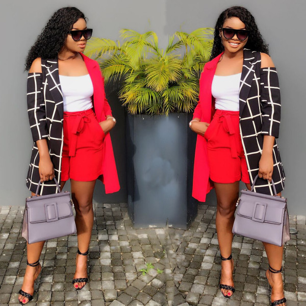 Plaid Patchwork Contrast Color Coat & Red Shorts AMM8061