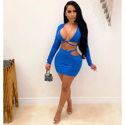 Sexy Solid Color V-Neck Long Sleeves Hollow Out Waistless Bodycon Mini Dress S6245