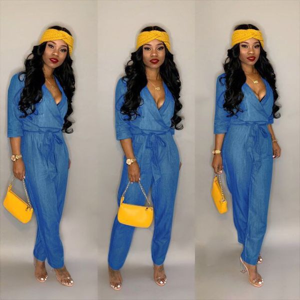 Wholesale Casual Denim V Collar Bodycon Jumpsuit ORY5078