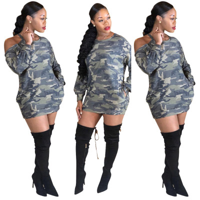 Cheap Irregular Long Sleeve Camouflage Dresses R6124