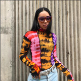 Fashion printed stitching high collar long sleeve t-shirt T1734205