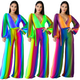 Young Girls Autumn Multicolor V Neck Wide Leg Jumpsuit MDF5104