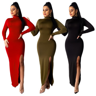 New Arrival Women's Clothing High Collar Plain Color Split Dress AMM8212