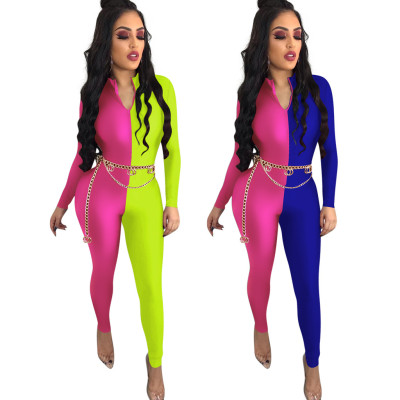 Stylish Bodycon Contrast Color Zip Up Polyester Jumpsuit QQM3890