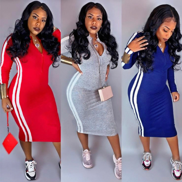 Newest Slim Bodycon Striped Patchwork Midi Dress K8704