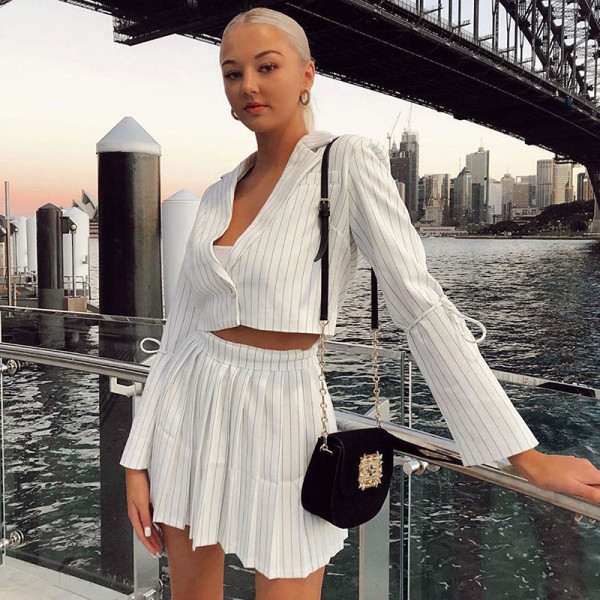 Lace-up pleated two-piece dress T981221