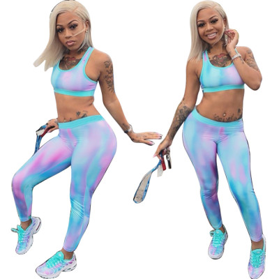 Crop Tank Colorful Print Skinny Pants Two Pieces Sets HM5199