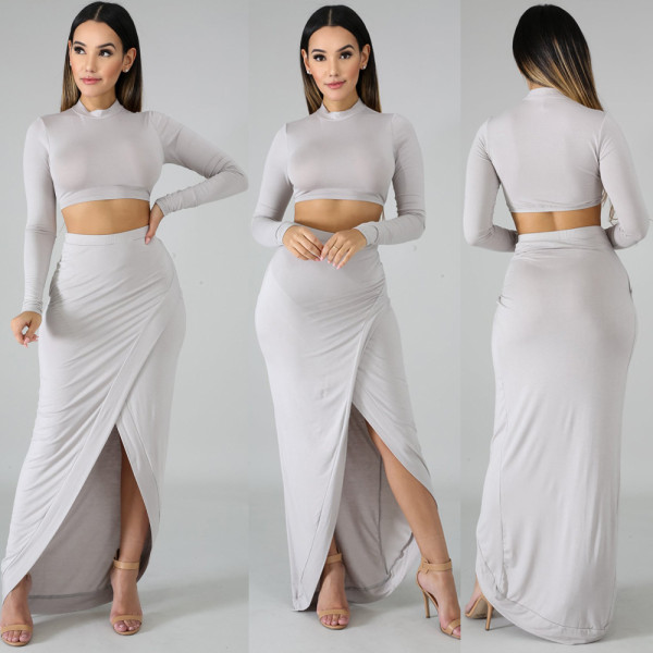 Long Sleeves Solid Top+ Split Women Slim Skirt KA7046