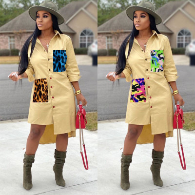 Fashionable Button Down Irregular Dress With Printed Pockets LSN722