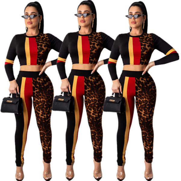 Crop Top Tight Pants Wholesale Leopard Print Splicing Ladies Sets E8474