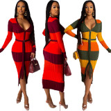 Newest Colors Splicing Winter Clothes Button Down Slim Dress OMY8009