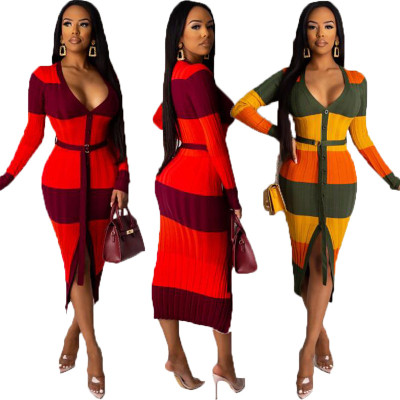 Newest Colors Splicing Winter Clothes Button Down Slim Dress OMY8009