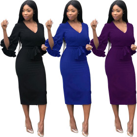 Solid V Neck Ruffle Sleeves Bodycon Dress SY8306