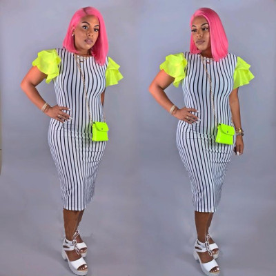 Leisure Ruffle Sleeves Striped Midi Dress For Ladies QQ5127