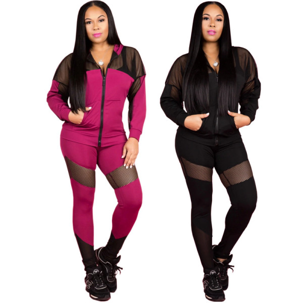 Sport Mesh Patchwork 2 Pieces Hooded Tight Suits CCY8136