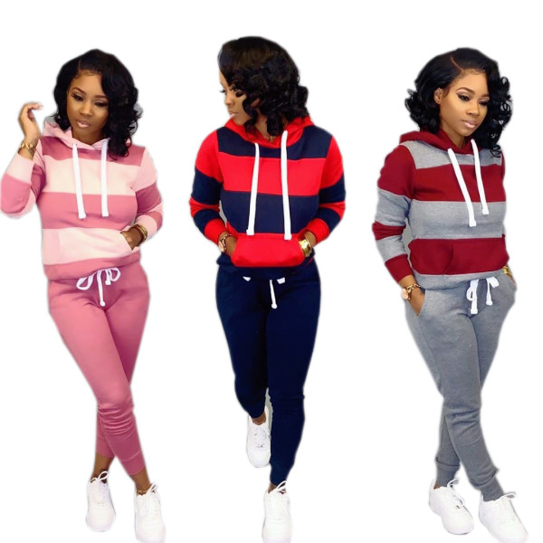 Contrast Color Striped Hoodie Pure Color Slinky Pants MTY6228