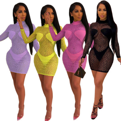 Sexy See Through 4 Colors Long Sleeves Cover Up Dress QZ3280