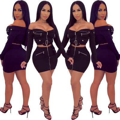 Sexy Zipper Suits Off Shoulder Top Bodycon Skirt XZ2084