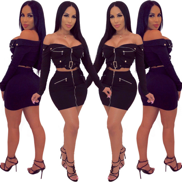 Sexy Zipper Suits Off Shoulder Top Bodycon Skirt XZ2084