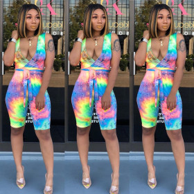 Cheap Tie-Dye Print Sleeveless V Collar Short Jumpsuit CY1164