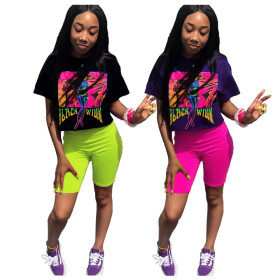 Casual Suits Short Sleeve Printing T-Shirt Bodycon Solid Shorts YT3159