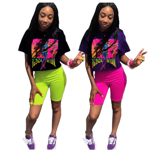 Casual Suits Short Sleeve Printing T-Shirt Bodycon Solid Shorts YT3159