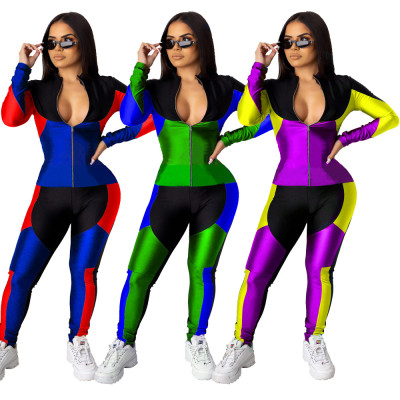 Sport Winter Hot Sale Two Pieces Color Block Zipper Outfits JH124
