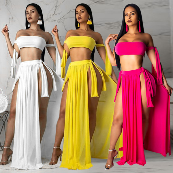 Solid color sexy wrapped chest straps split swimsuit with blouse beach half skirt skirt three-piece