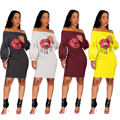Lips sexy lantern sleeve dress women's clothing S6114