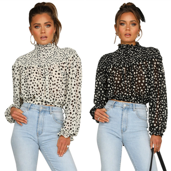 Fashion Polka Dot Chiffon Smocking Stitch Ladies Top LS6303