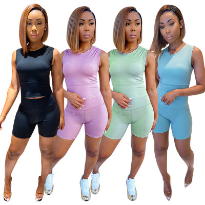 Sports and leisure solid color two-piece sleeveless suit women shorts MY9617